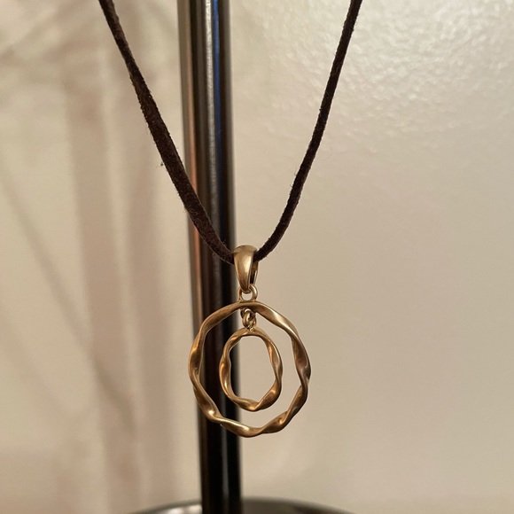 Necklace - gold oval charm on brown cord - Picture 4 of 8